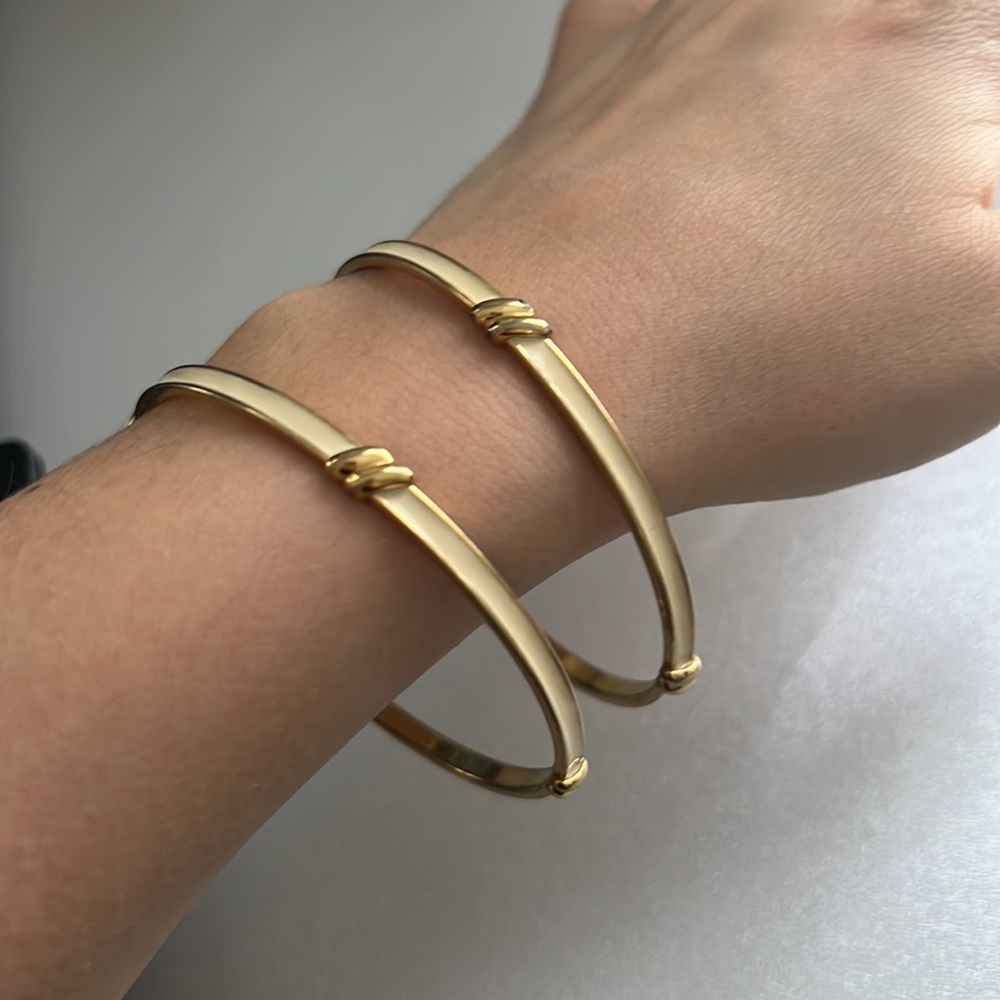 Monet Gold Off-White Enamel Bangle Bracelets Set of 2 Classic Costume Jewelry